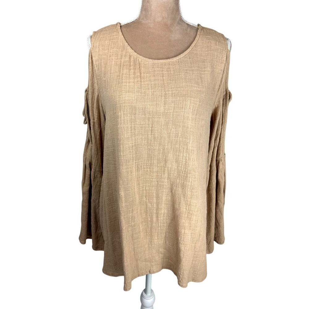 P Cill Womens Sz M Guaze Tan Open Bell Sleeve Tunic Top Lagenlook Boho‎ NEW